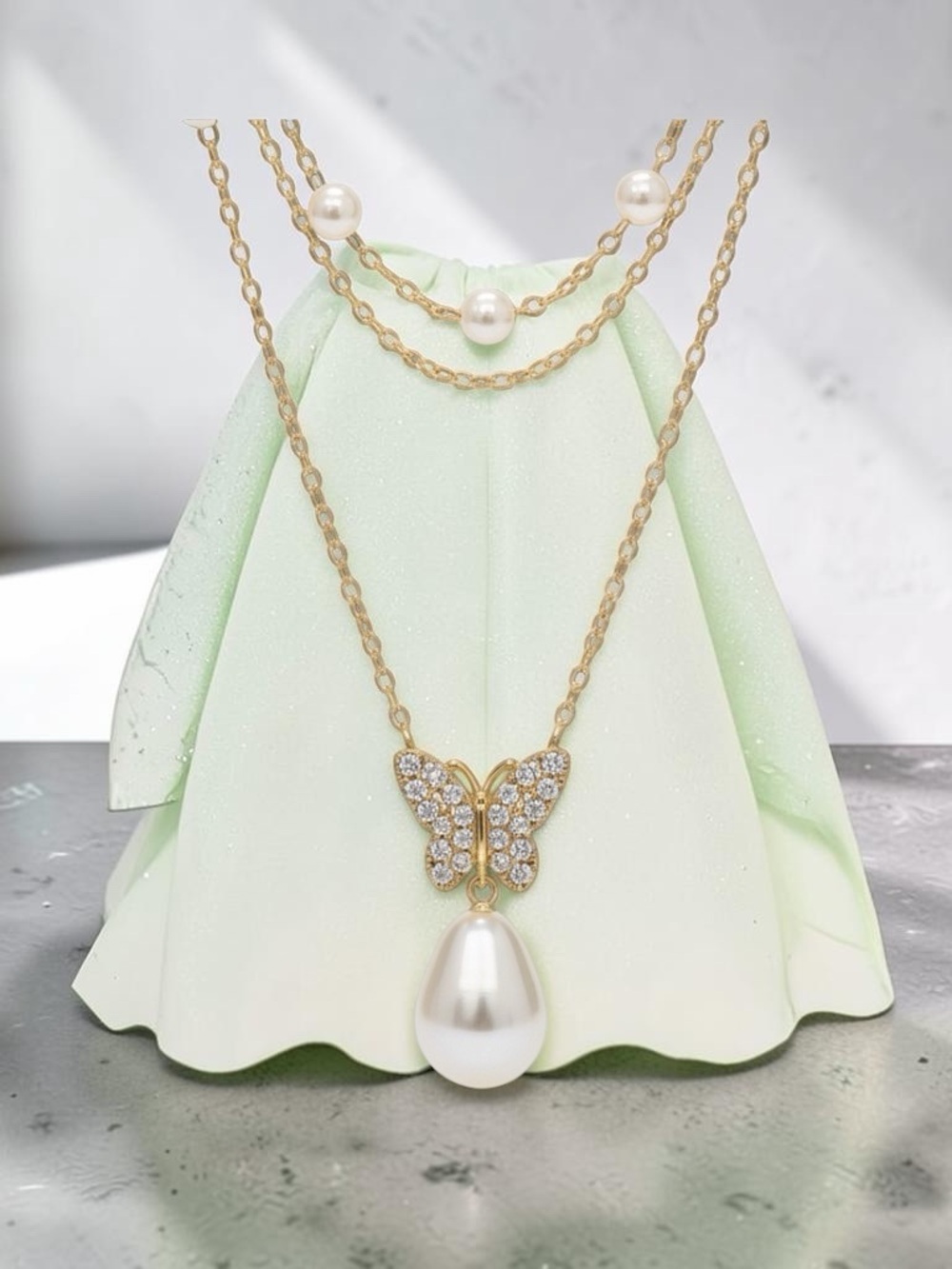 Gold Butterfly Pearl Pendant Layered Necklace - White Pearl